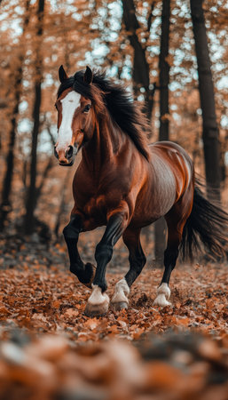 A Beautiful Brown Draft Horse Trotting Gracefully Through a Serene Autumn Woodland Landscapeの素材