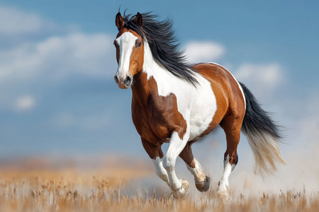 Graceful Paint Horse Galloping Through a Vibrant Field, Showcasing Unique Markings and Maneの素材