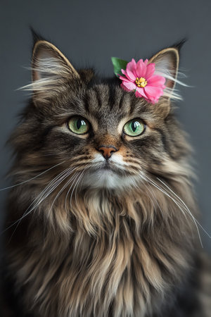 Charming Portrait of a Playful European Wildcat Kitten with Green Eyes and a Rose Bud on Greyの素材