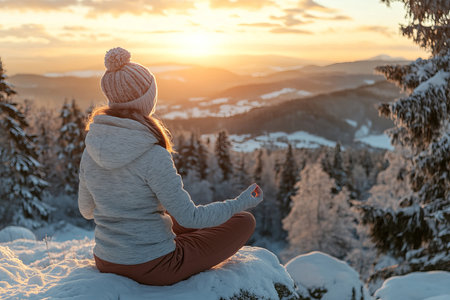 Mindful Winter Meditation Embracing Serenity in Snowy Mountains for Inner Peace and Wellnessの素材