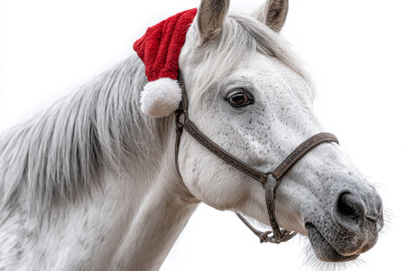 Majestic White Horse Dressed in Santa Hat Amidst Winter Wonderland for Heartwarming Christmas Cheerの素材
