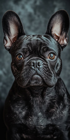 Charming French Bulldog Portrait with Captivating Expressions on a Clean Gray Backgroundの素材