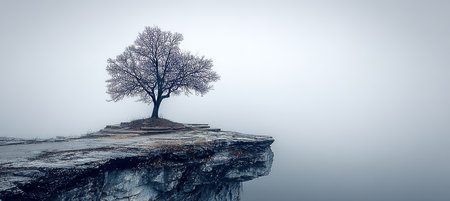 Majestic lone tree standing tall on a foggy cliffside, surrounded by mist and serene nature beauty.の素材