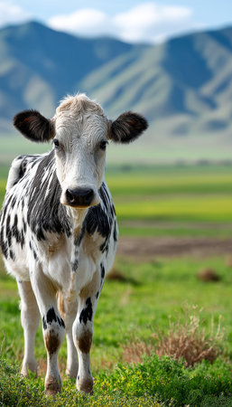 Majestic Holstein Cow Grazing in Lush Green Pasture Under a Bright Blue Sky and Rolling Hillsの素材