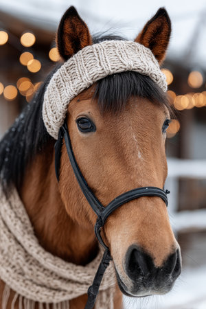 Majestic Horse Dressed in Warm Winter Gear Posing Gracefully in a Stunning Snowy Landscape Sceneの素材