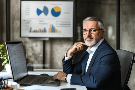 Management leader developing a business plan with financial diagrams in a professional environment.の素材