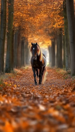 Majestic Clydesdale Trotting Down a Scenic Autumn Path Surrounded by Colorful Fall Foliageの素材