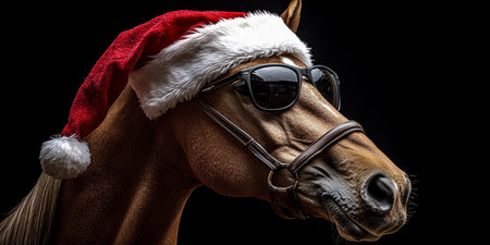 A Joyful Horse Wearing a Santa Hat and Sunglasses Spreading Holiday Cheer and Festive Spiritの素材