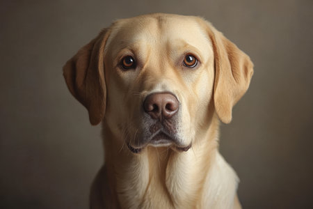 Majestic Labrador Retriever Portrait with Golden Fur and Gentle Nature Against a Gray Backgroundの素材