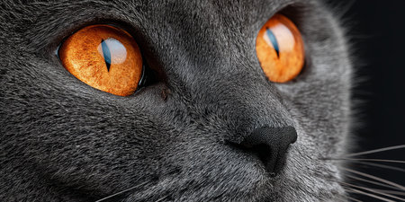 Gaze of a Chartreux Cat Striking Gray Beauty with Mesmerizing Orange Eyes in Close-Up Portraitの素材