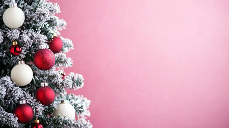 Festive Christmas Cheer with Snowy Pine Tree Adorned in Red and White Baubles on Pink Backdropの素材