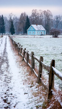 Serene Winter Countryside Scene Featuring a Charming Blue House Surrounded by Snowy Landscapeの素材