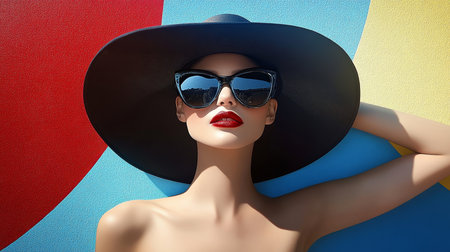Chic Woman in Hat and Sunglasses Posing Against a Colorful Polychromatic Wall Outdoorsの素材