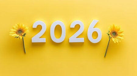 Bright future anticipation for 2026 on a sunny yellow backdrop with vibrant gerberas, hope.の素材