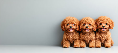 Three Adorable Poodle Puppies Sitting Together on Gray Background, Cute and Playful Pets in Studioの素材