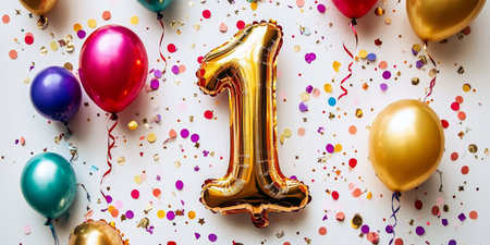 Vibrant and Colorful First Birthday Celebration Background with Large Number One and Confettiの素材