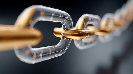 Blockchain Fabric Connecting Golden Links, Symbolizing Security and Transparency in Ledgersの素材