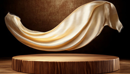 Elegant Display Featuring Wooden Pedestal and Flowing Silk Curtain for Premium Product Showcaseの素材