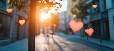 Romantic Dreamy Urban Escape with Heart Shapes and Sunset Over Cityscapes for Valentine s Day Moodの素材