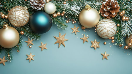 Magical Blue Christmas Scene with Ornaments, Pine Branches, Golden Stars, and Cozy Decorationsの素材