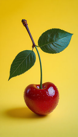 Vibrant Glossy Red Cherry with Bright Green Leaves Isolated on Yellow Background in High Resolutionの素材