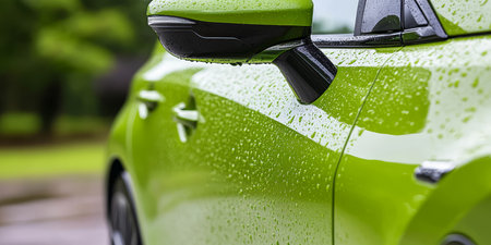 Stunning Close-Up of a Modern Green Car Covered in Water Drops Reflecting Nature s Beautyの素材