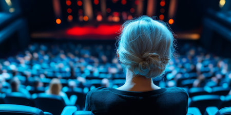 Audience Member Enjoying a Live Concert Performance in a Theatre with Colorful Lights and Musicの素材
