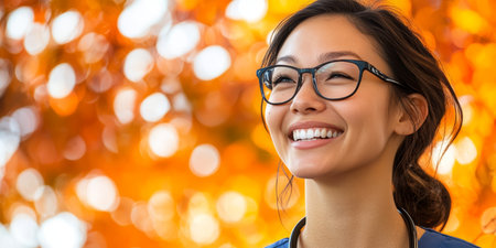 Friendly female healthcare provider in fall foliage, showcasing warmth and community care.の素材