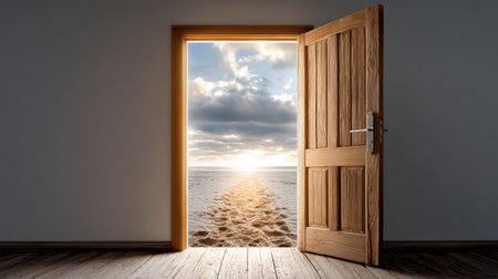 Open Interior Door Symbolizing New Opportunities Leading to a Bright Beach Journey of Hopeの素材