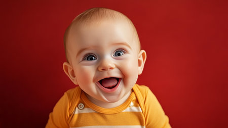 Joyful young child with charming expression on red backdrop, capturing innocence and delight.の素材