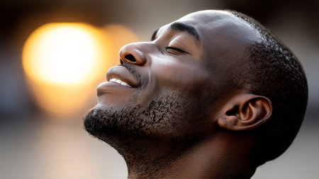 Focused Man Seeking Sun Finding Inspiration, Clarity, and Joy in a Peaceful Morning Lightの素材