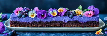 Indulgent Chocolate Berry Cake Slice Topped with Purple Icing, Edible Flowers, and Fresh Berriesの素材
