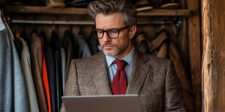 Focused Professional Analyzing Data on Laptop While Surrounded by a Stylish Wardrobe in Officeの素材