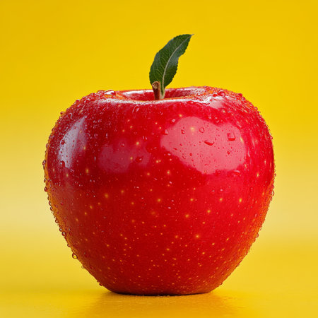 Vibrant Deep Red Apple Glows with Sweetness, Symbolizing Freshness and Nutritional Goodness.の素材