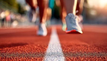 Athletes Running on a Red Track at Sunrise, Capturing Motion, Speed, and Determinationの素材