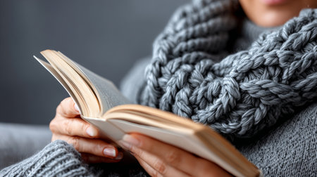 Woman Enjoying Cozy Reading Time at Home, Wrapped in a Knit Scarf, Embracing Warmth and Relaxationの素材