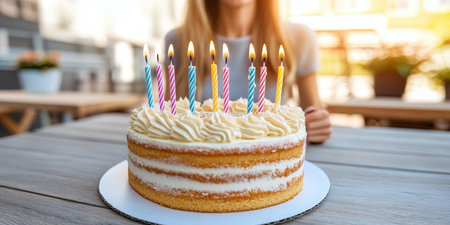 A Beautifully Decorated Vanilla Birthday Cake with Colorful Candles on a Rustic Wooden Tableの素材