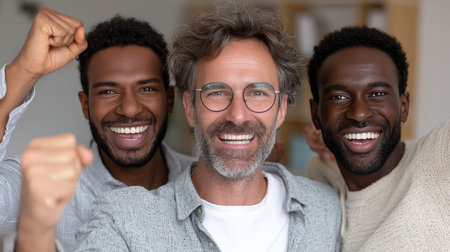 Diverse Business Team Celebrating Startup Success with Smiles in a Modern Office Environmentの素材