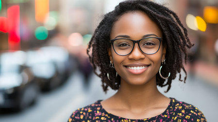 Confident young woman smiles warmly outdoors in an urban environment, showcasing her style.の素材