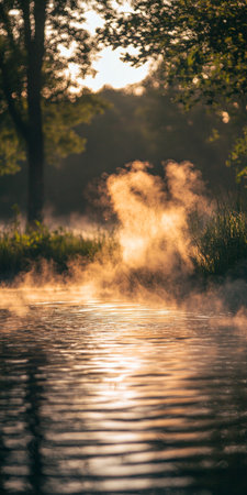 Serene Sunrise Over Calm Waters, Illuminating Misty Landscapes and Reflecting Nature s Beautyの素材