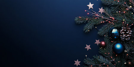 Festive Christmas Composition with Fir Branches, Iridescent Stars, and Colorful Ball Decorationsの素材