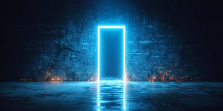 Blue Neon Gateway Illuminated in a Futuristic High-Tech Setting with Dark Reflectionsの素材