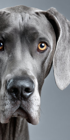 Majestic Gray Great Dane Portrait Capturing the Soulful Essence of a Purebred Canine Beautyの素材
