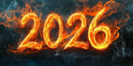 Fiery Future Blazing 2026 Numbers Illuminated Against a Smoky Backdrop of Vibrant Energyの素材