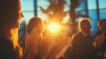 Professionals Celebrate Success with Applause and Cheers in a Glorious Corporate Event Settingの素材