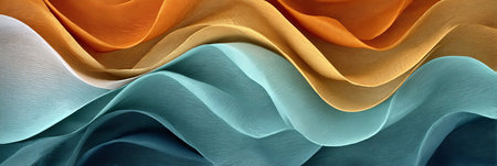 Flowing Forms Abstract Textile Design Featuring Gradient Wavy Textures in Orange, Blue, and Whiteの素材
