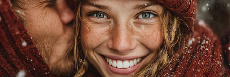 Closeup of a Smiling Girl Embracing a Person in Winter with Snow, Freckles, and Happy Expressionsの素材