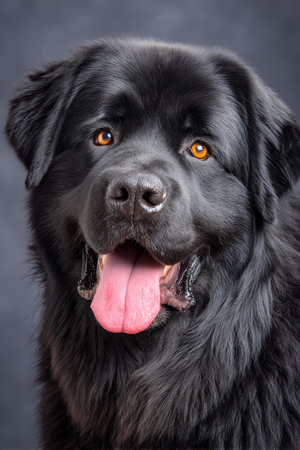 Gentle Black Giant Newfoundland Dog With Soulful Gaze, Calm Expression on Gray Backdrop Portraitの素材