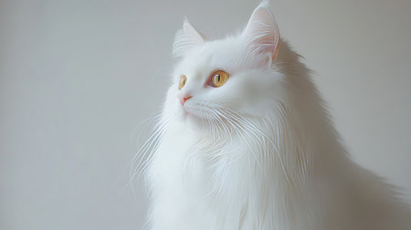 Elegant Portrait of a Majestic White Cat with Fluffy Fur and Golden Eyes, Exuding Charm and Grace.の素材