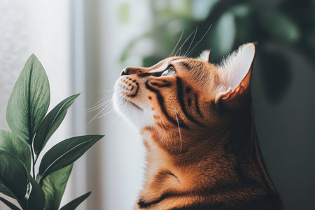 Close-Up Portrait of a Bengal Cat Gazing Upward with Striking Eyes and Unique Coat Patterns.の素材